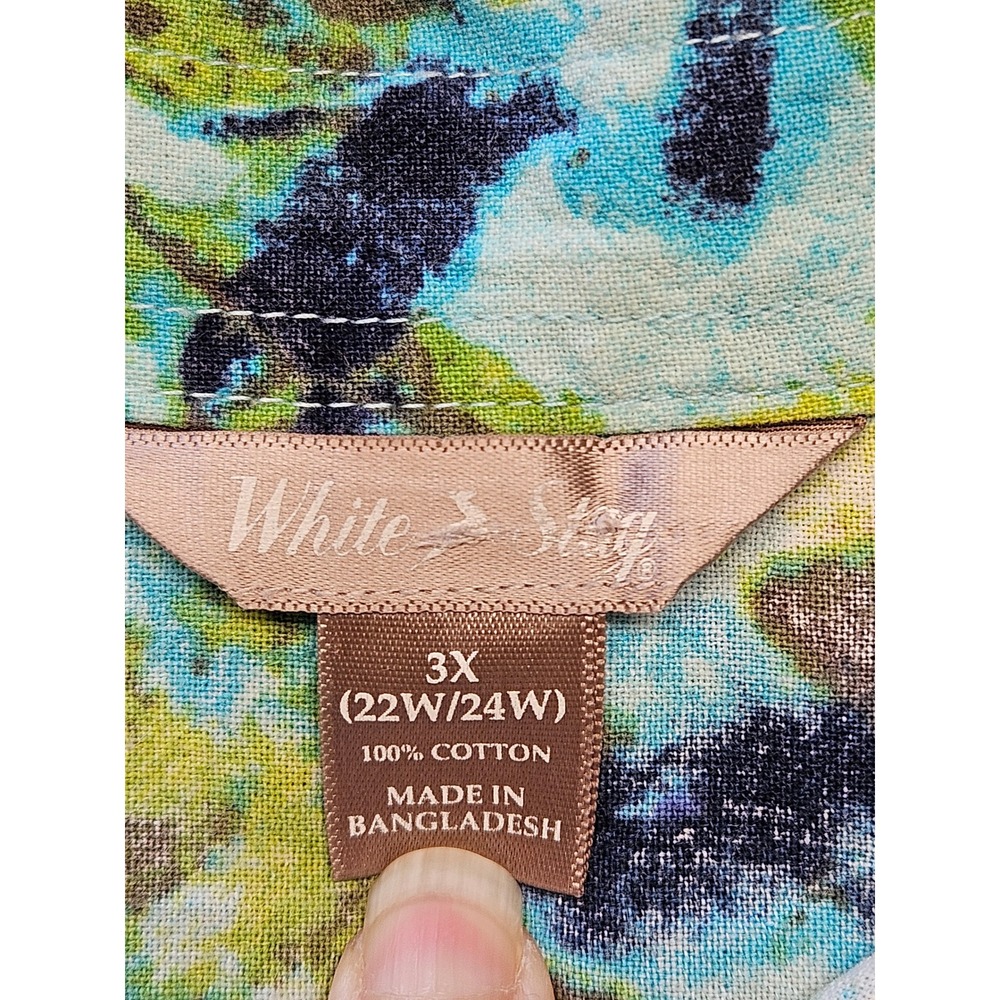 White Stag Womens 3X Tropical Bird Print Cotton Button Front Blouse Teal Green - Picture 3 of 6